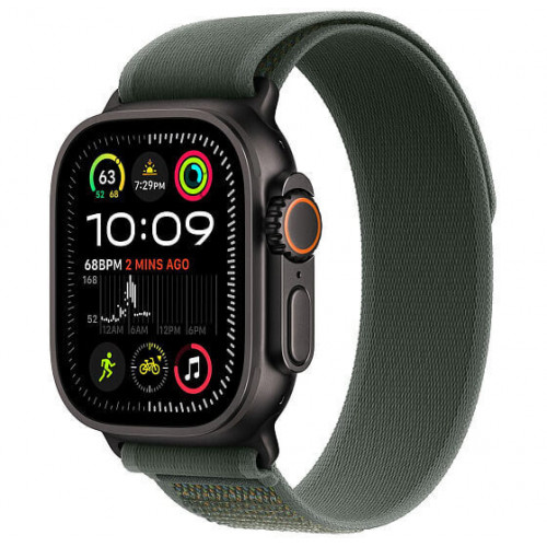 
Apple Watch Ultra 2 GPS + Cellular, 49 мм, черный корпус из титана, ремешок Trail цвета «Green», размер M/L